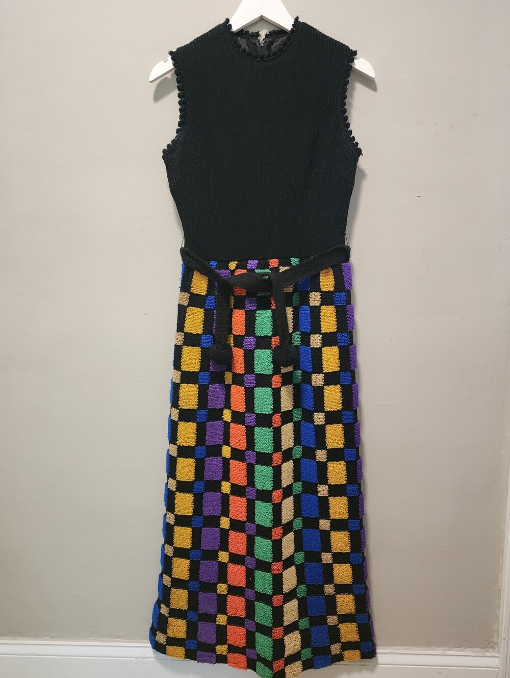 Vintage Parade New York Mod Boho Maxi Black Latch Hook Multi-color Dress